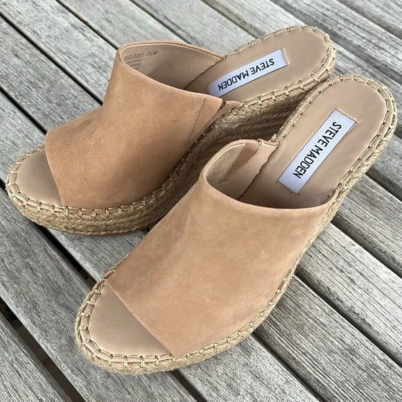 🏖️ STEVE MADDEN Beige Goring Wedge Slip On Leather Rise Shoes Women’s … - Picture 4 of 14